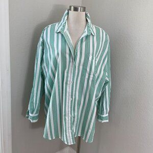 Old Navy Womens XL Boyfriend Shirt Green White Vertical Stripe Button Up Blouse